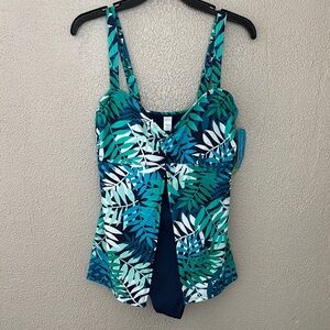 Misses Tropical Escape One Piece Flyaway Swimdress, Size 12, Blue/White/Green